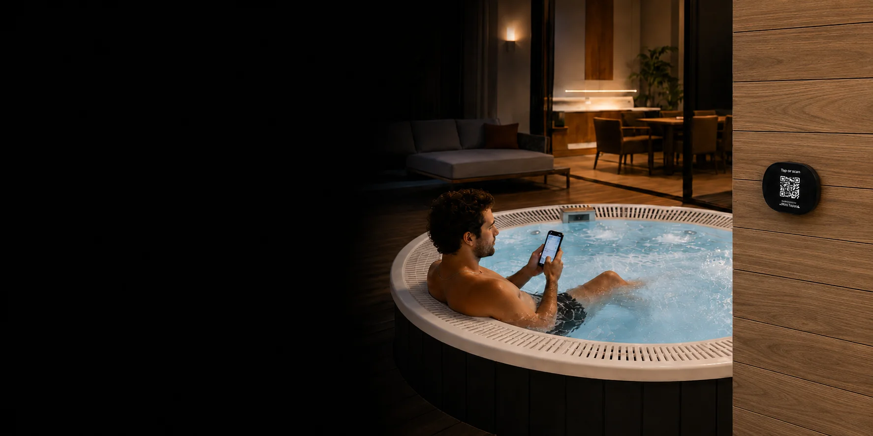 Guest using a Mini Tapp beside a hot tub